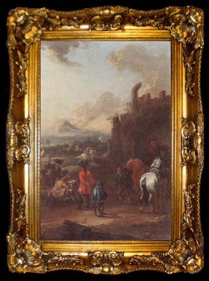 framed  August Querfurt Cavalrymen before a hilltop town, ta009-2